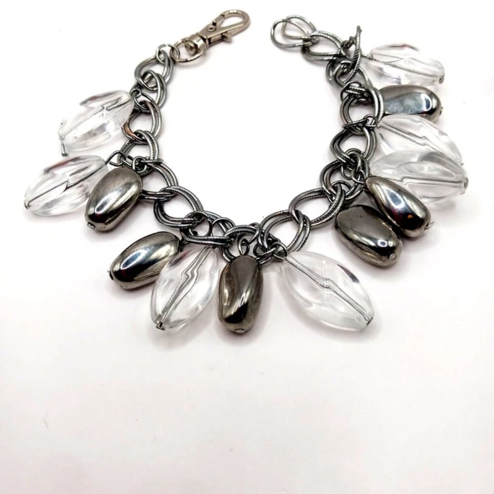 Clear Acrylic + Silver Beaded Chainmail Bracelet Silver Tone 9"